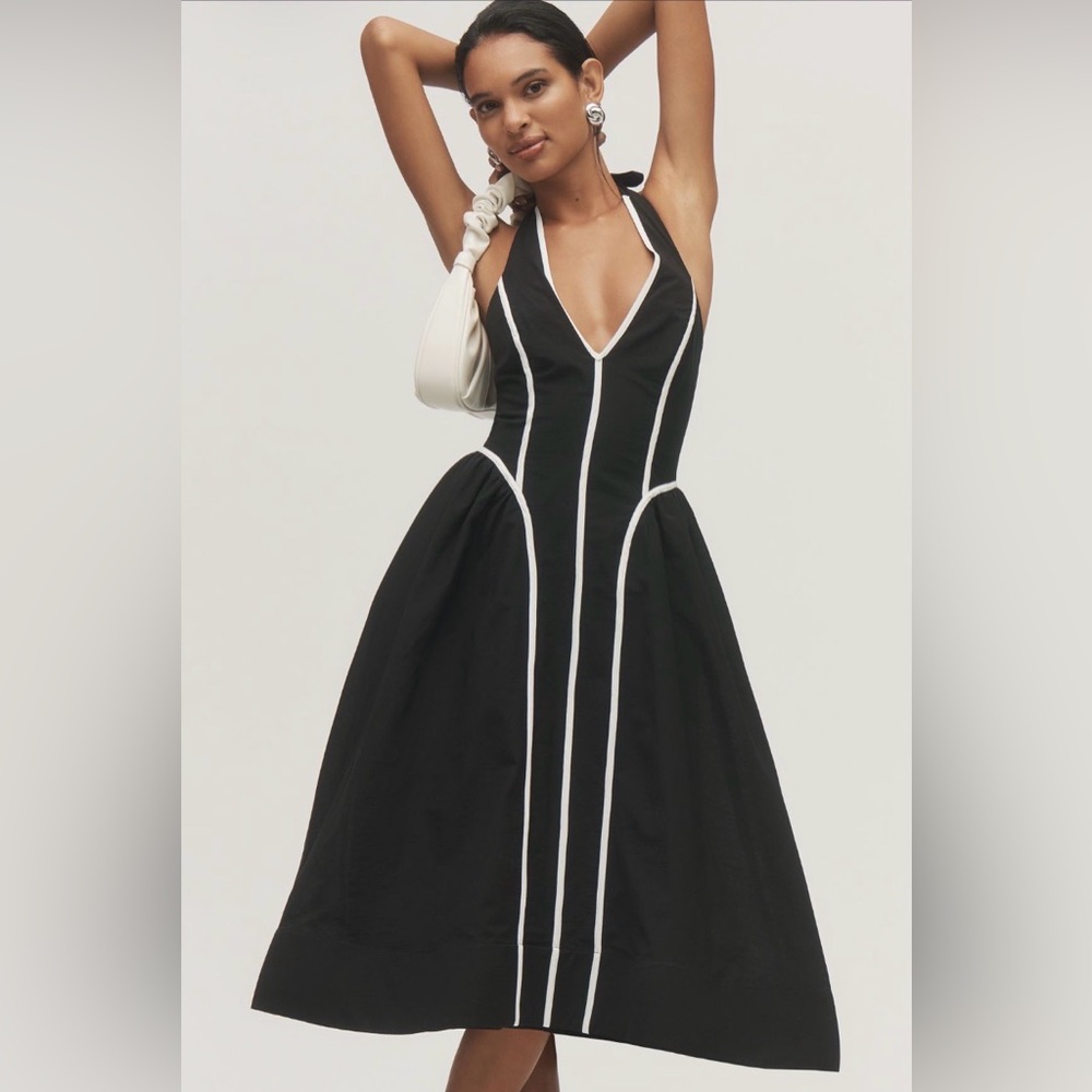 Anthropologie Black Midi Dress with White Piping